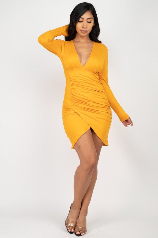 Gold Ruched Bodycon Dress | Amour Couture